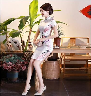 #ad New Luxurious White Satin Phoenix Chinese Short Dress Cheongsam Qipao lcdress81 GBP 13.99