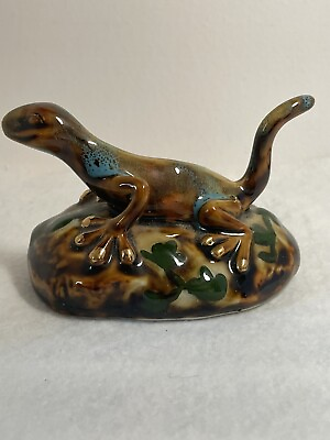 #ad Ceramic Gecko Lizard Figurine Earthtones with Goldtone Highlights 4in $14.00