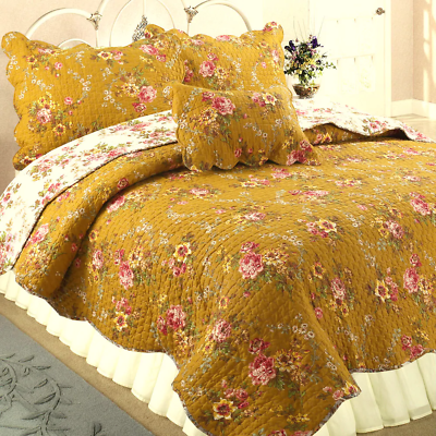 #ad NEW COZY ANTIQUE COUNTRY PINK RED GREEN LEAF BROWN GOLD YELLOW ROSE QUILT SET $156.32