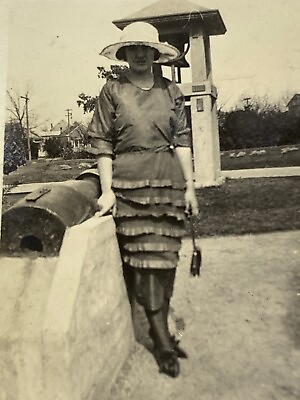 #ad AmF Photograph Early Dress Style Fashion Woman Posing With Cannon 1920 30#x27;s $14.50