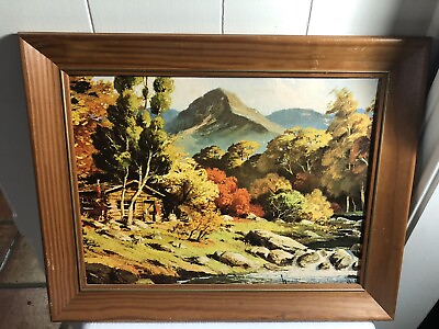 #ad VTG 19 x 15 Wood Picture Frame Gold Trim Autumn River Cabin Scene Holds 12.5x16 $16.24