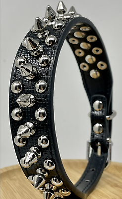 #ad Dog Collar Studded amp; Spikes Rivet 1quot; wide Adjustable Faux Leather Black S M L $12.08