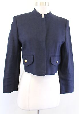 #ad Vtg Valentino Miss V Navy Blue Linen Flax Cropped Jacket Mandarin Collar Sz 38 4 $139.99