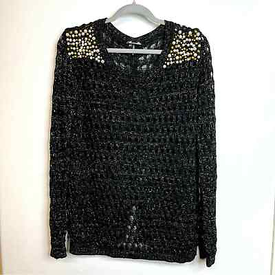 #ad Marineblu Women sz Small Sweater Open Knit Pullover Metellic Beaded Long Sleeve $15.00
