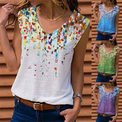 #ad Womens V Neck Printed Tank Vest Tops Lady Summer Casual Loose Sleeveless T Shirt $13.31