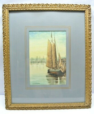 #ad Chas Saunders Watercolor on Canvas Framed Painting American Art Coastal Scene $250.00