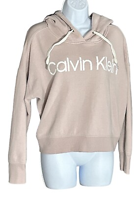 #ad Calvin Klein Cropped Hoodie Blush Pink White Logo Long Sleeve Cozy Size Large $5.99