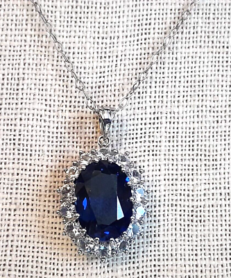 #ad Halo Simulated Sapphire Sterling Silver 925 Pendant on 18quot; Sterling Necklace $56.16