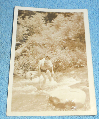 #ad 1939 Photo Young Shirtless Man In Swim Trunks Carries Lady On Back Across Stream $8.00