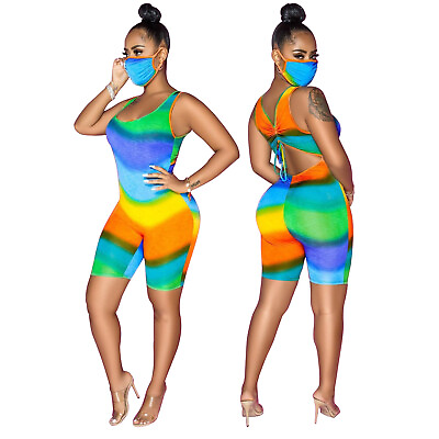 #ad NEW Stylish Women Sleevelss Rainbow Stripe Backless Bodycon Jumpsuit Casual $21.42