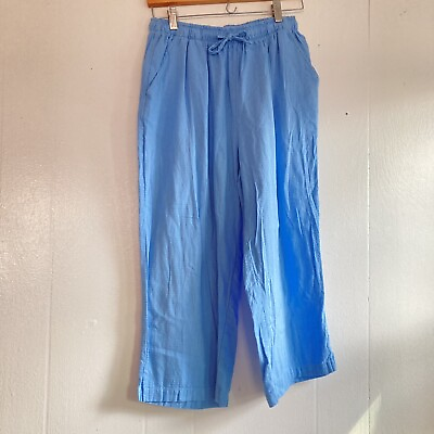 #ad Sun Bay Cotton Cropped Pants Pull On Blue Casual Lounge Beach Drawstring Sz L $16.00