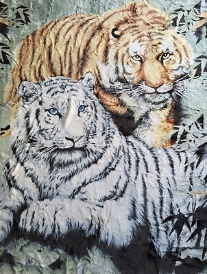 #ad Vtg Animal Safari Wild Tigers White amp; Yellow Print Plush Green Border 88x74quot; $57.00