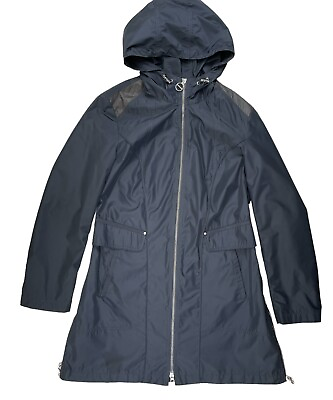 #ad LAUNDRY By SHELLI SEGAL Hooded Rain Coat Womens L Black Full Zip Tailored Fit $24.95