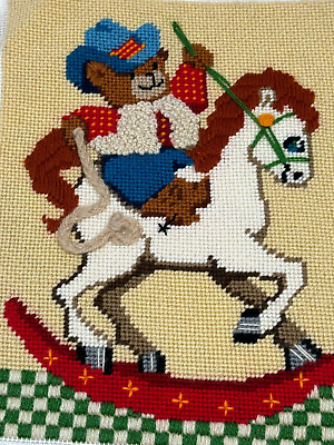 #ad Vintage Completed Sunset Needlepoint Ride #x27;em Teddy Cowboy Bear Rocking Horse $22.46