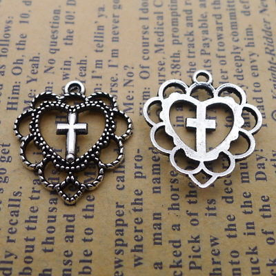 #ad 10Pcs DIY Christian Cross Old Silver Beads Pendant Heart Shape Charms 20x22mm $1.04