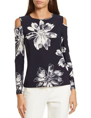 #ad Donna Karan Womens Blue Floral Cold Shoulder Long Sleeve Knit Top Sz M NWT $37.39
