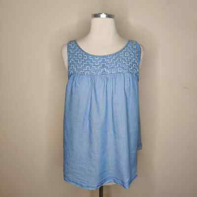 #ad Ann Taylor Loft Embroidered Sleeveless Top Medium Cotton Lyocell Blue Tank $7.49