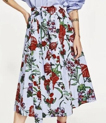 #ad Zara Woman’s Skirt Midi Plaid Red Floral Belt Buttons Size XL EUC $32.00