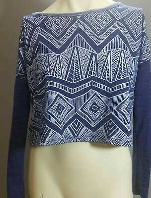 #ad THE CLASSIC Brand Women#x27;s Knit Top Sweatshirt Small Cropped Geometric Blue White $8.99