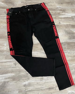 #ad Homme Femme Jeans Denim Wear Mens Black Red Stripe Distressed Size 44 $59.00