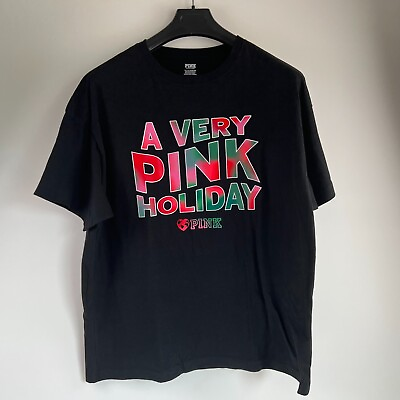 #ad Victoria#x27;s Secret PINK A VERY PINK HOLIDAY Campus T Shirt Black One Size NWT $16.99