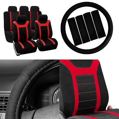 #ad Car Seat Cover for Auto Full Set w Steering Wheel Cover Belt Pads 4heads Red $42.99