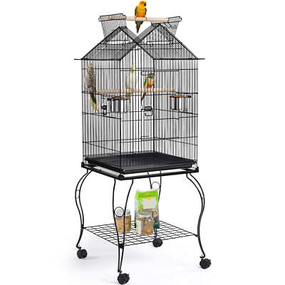 #ad 57quot; Rolling Metal Parrot Cage Bird with Open Top Black $78.30