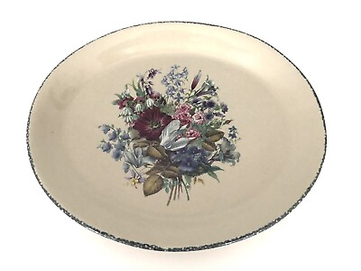 #ad Home amp; Garden Party Oval Serving Platter Stoneware Floral Splendor Tan Blue USA $39.75