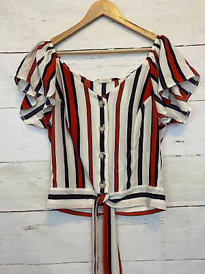 #ad GIO Size M Womens Jrs Striped Tie Knot Top Button Down Front Shirt Blouse T16 $8.00
