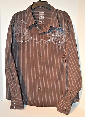 #ad Machine Mens 2XL Shirt Long Sleeve Clear Snaps Brown Blue Striped Eagle Design $14.99