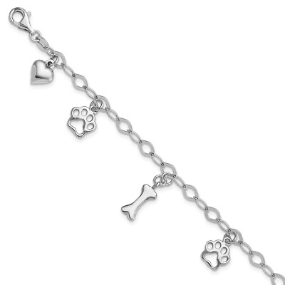 #ad #ad 925 Sterling Silver Dog Bone Paw Heart Charm Bracelet 7.5quot; for Women 6.26g $84.00