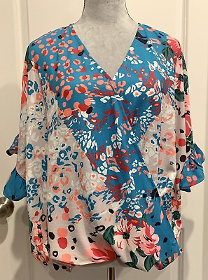 #ad UMGEE Floral Faux Wrap Style V Neck Top Ruffle Sleeve Boho Gypsy Size M $16.00