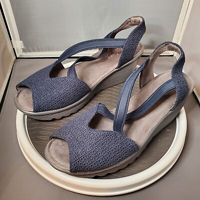 #ad Skechers Memory Foam Wedge Sandal Strappy Womens Size 9.5 Gray Blue EUR 39.5 $20.36
