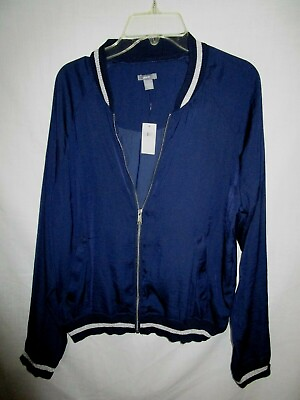 #ad NEW AERIE Misses Lightweight Jacket Navy Blue Small Silver Stripe $30.00