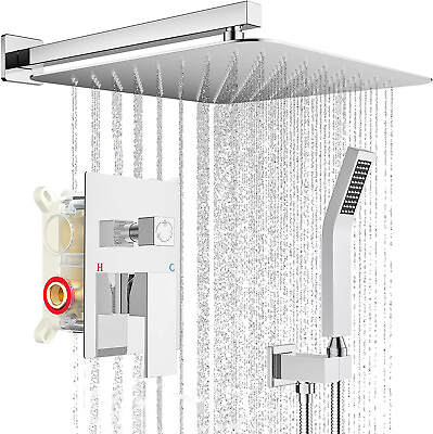 #ad Chrome Shower Faucet Set Rainfall Shower Head Combo System with Mixer Valve Kit $69.00