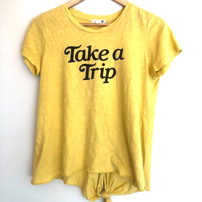 #ad Sundry Take A Trip Yellow Graphic Tee Shirt Tie Back Cotton USA Made Size 0 $18.99