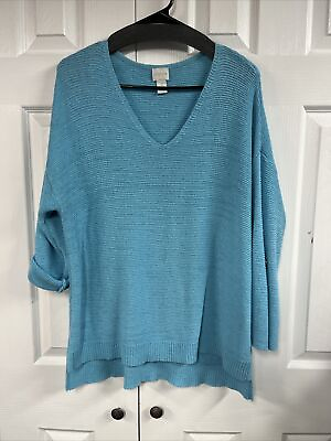 #ad Chico size 2 Robins egg blue knit V neck sweater roll tabs sleeves $15.99