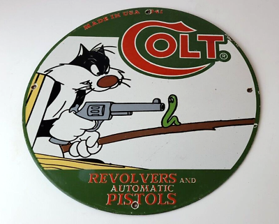 #ad Vintage Colt Firearms Sign Cat Revolver Gun Shop Ammo Porcelain Gas Pump Sign $147.47