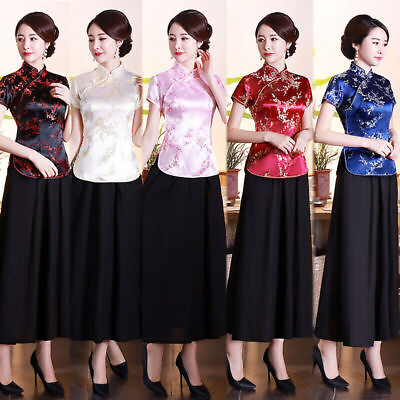 #ad Women Summer Silk Satin Shirt Chinese Traditional Blouse Floral Embroidery Tops $15.99