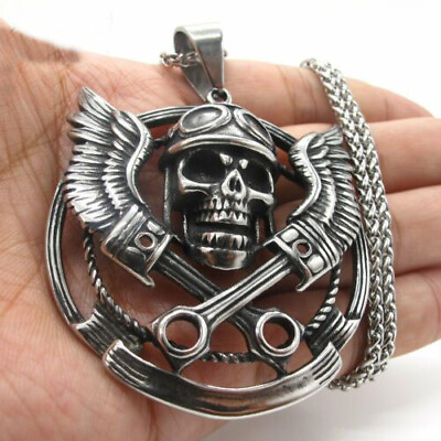 #ad Mens 24 Inch Motorcycle Club Biker Skull Pendant Necklace Stainless Steel Gift $7.99