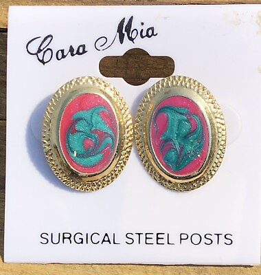 #ad Casa Mia Earrings Vintage Retro Colorful On Original Card Surgical Steel Posts $11.49