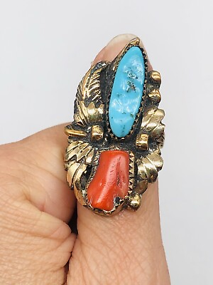 #ad Vtg Native American Blue Turquoise Coral 925 Sterling Silver Women Ring Sz 7.5 $125.00