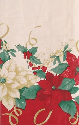 #ad Christmas Poinsettia Ribbon Holly Border Vinyl FlannelBack Tablecloth Mainstream $16.38