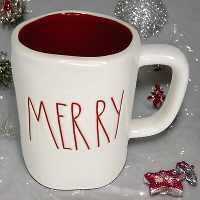 #ad Rae Dunn quot;Merryquot; White Christmas Coffee Mug Red Inside Artisan Collection $16.87