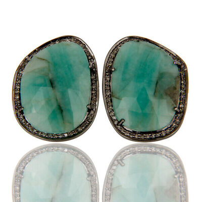 #ad Emerald Gemstone Pave Diamond Stud Earrings 925 Silver Oxidized Genuine Jewelry C $313.13