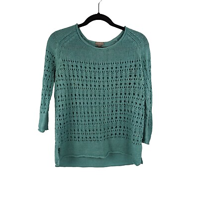#ad J. Jill Womens Knit Crew Neck Sweater Size M Blue Green 3 4 Sleeve Linen Blend $23.88
