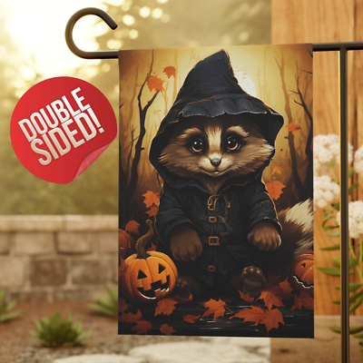 #ad Halloween Garden Flag Cute Raccoon Witch Carved Pumpkin Orange Mom Gift for Her $36.88