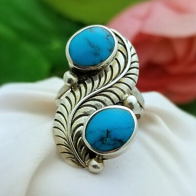 #ad Silver Turquoise Feather Ring Sterling 10mm Stone 1#x27;#x27; Length Vintage Natural $99.00