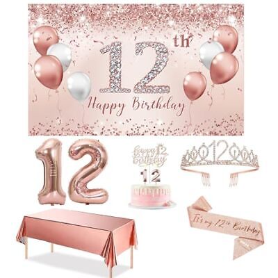 #ad 12th Birthday Decorations Party Set for girls Rose Gold 12 Birthday Banner a... $34.43