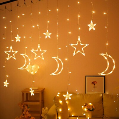 #ad DIY Star Moon LED Curtain Lights Ramadan Eid Mubarak Fairy String Light Strings $14.59